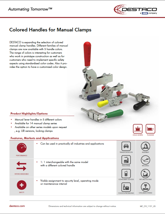 DESTACO Color Handle Options for Manual Clamps Flyer