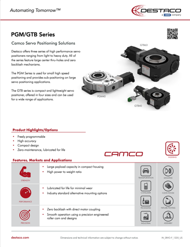DESTACO Camco GTB/PGM Series Servo Positioners Flyer